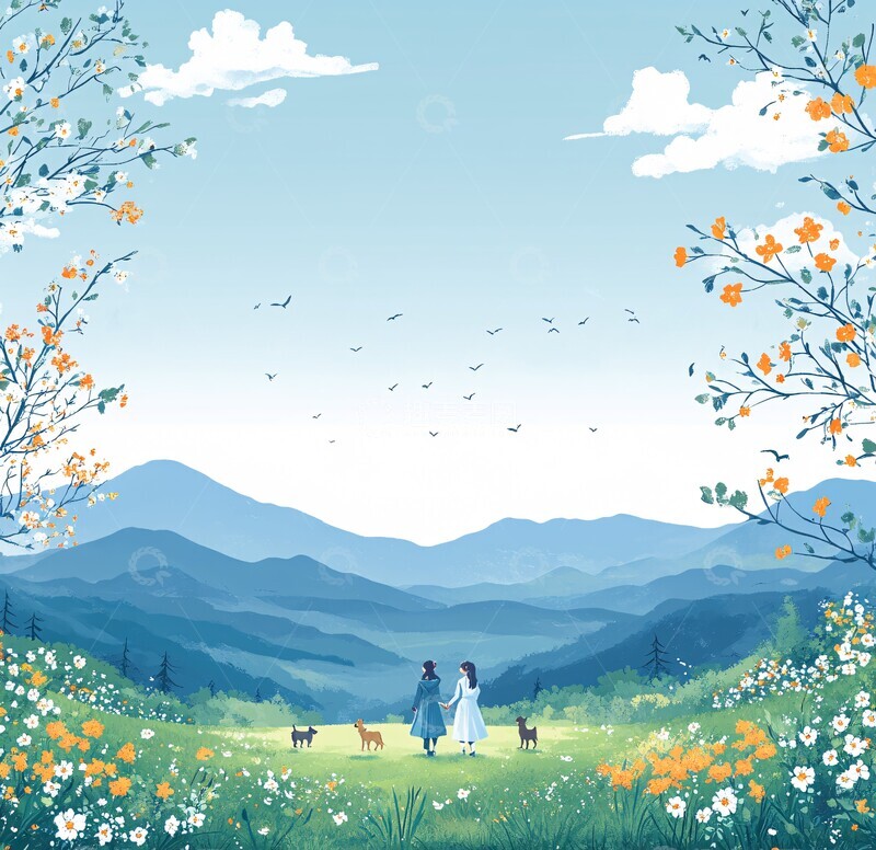 高清大图下载【趣麦麦图】春天草地散步图