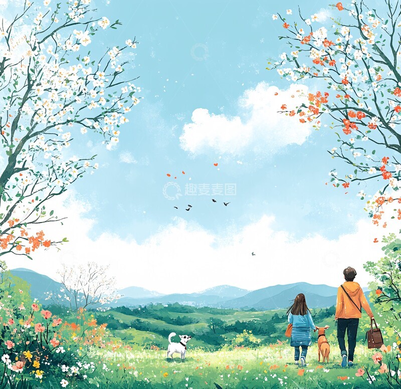 高清大图下载【趣麦麦图】春天草地散步图2