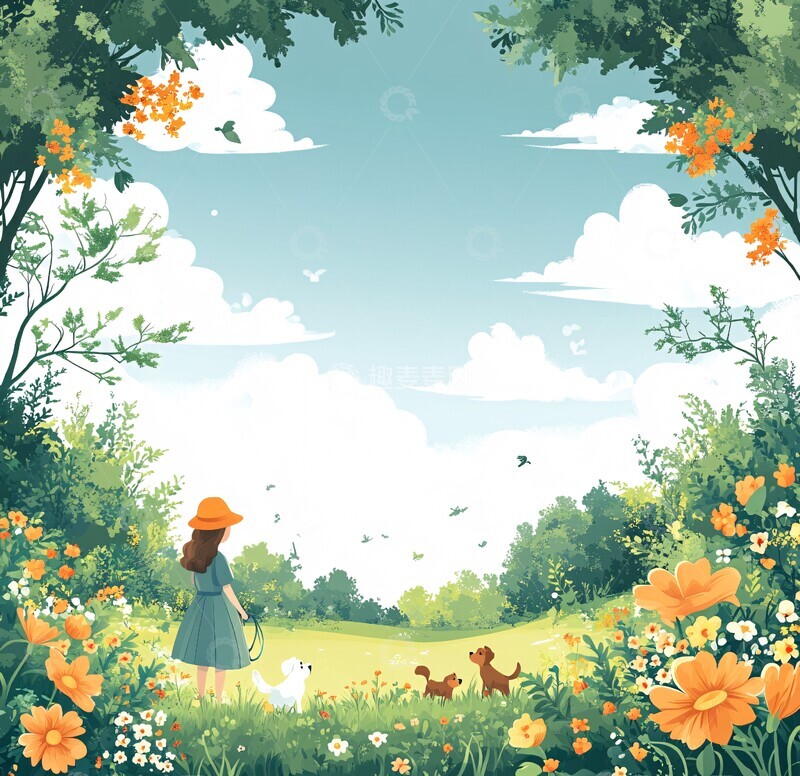 高清大图下载【趣麦麦图】春天草地散步图1