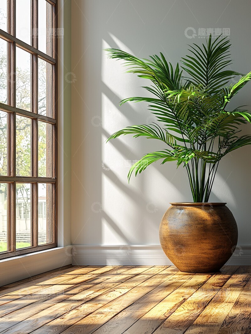 高清大图下载【趣麦麦图】木地板白墙绿植1