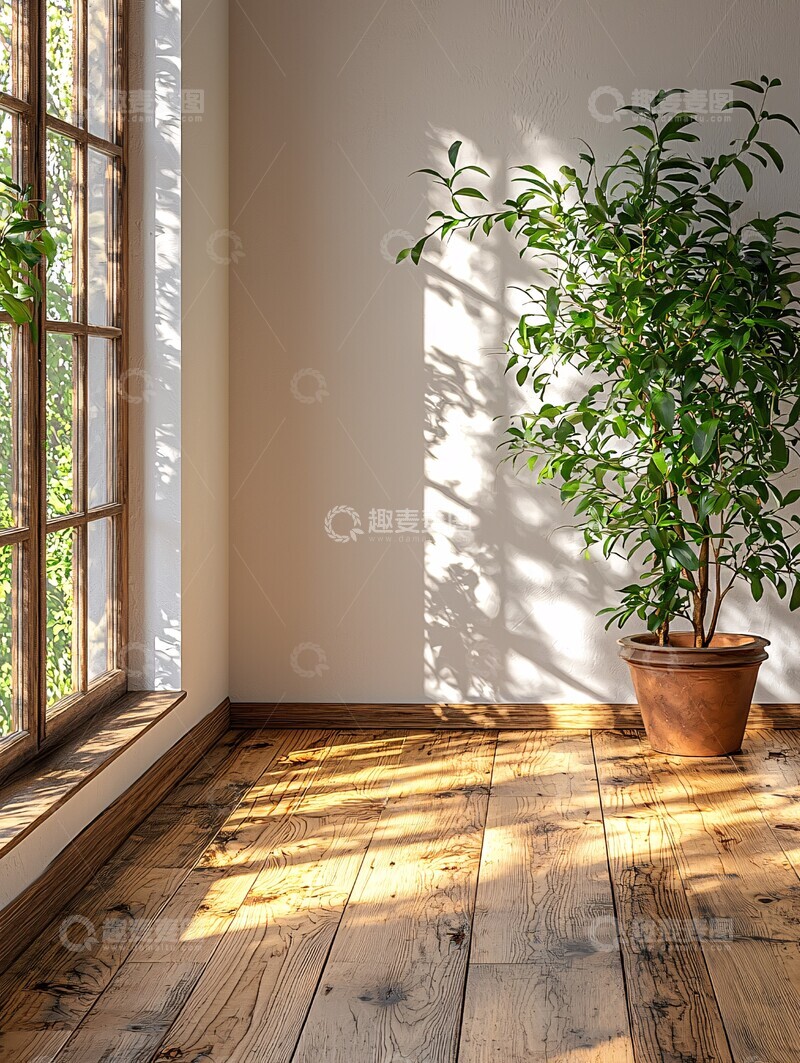高清大图下载【趣麦麦图】木地板白墙绿植2