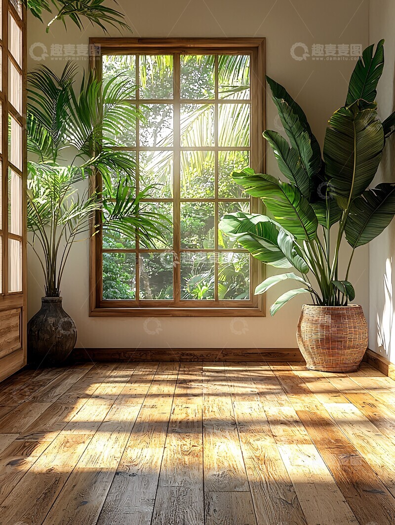 高清大图下载【趣麦麦图】木地板白墙绿植