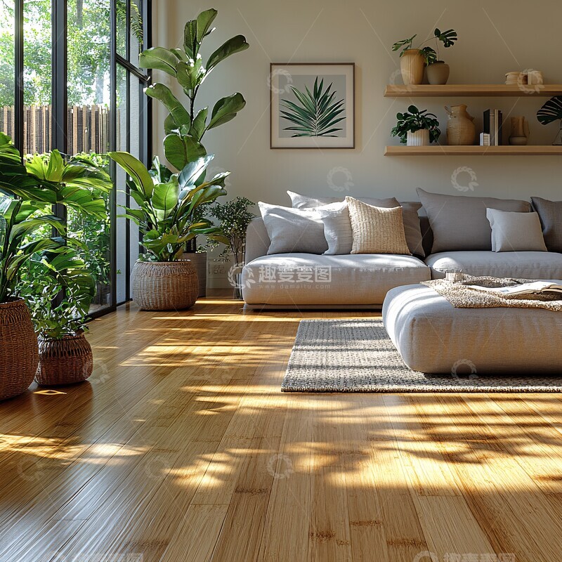 高清大图下载【趣麦麦图】竹地板客厅灰色沙发1