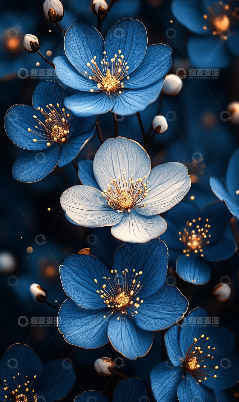 高清大图下载【趣麦麦图】蓝白花与金点缀1