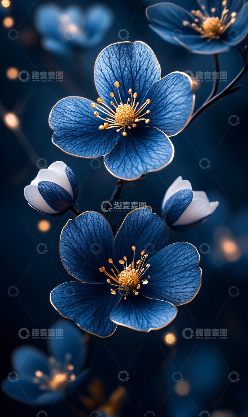 高清大图下载【趣麦麦图】蓝白花与金点缀2