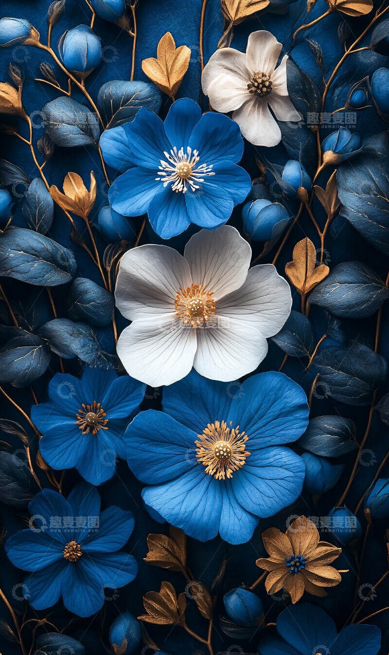 高清大图下载【趣麦麦图】蓝白花与金点缀