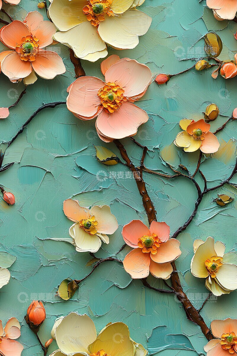 高清大图下载【趣麦麦图】绿色油画花朵设计