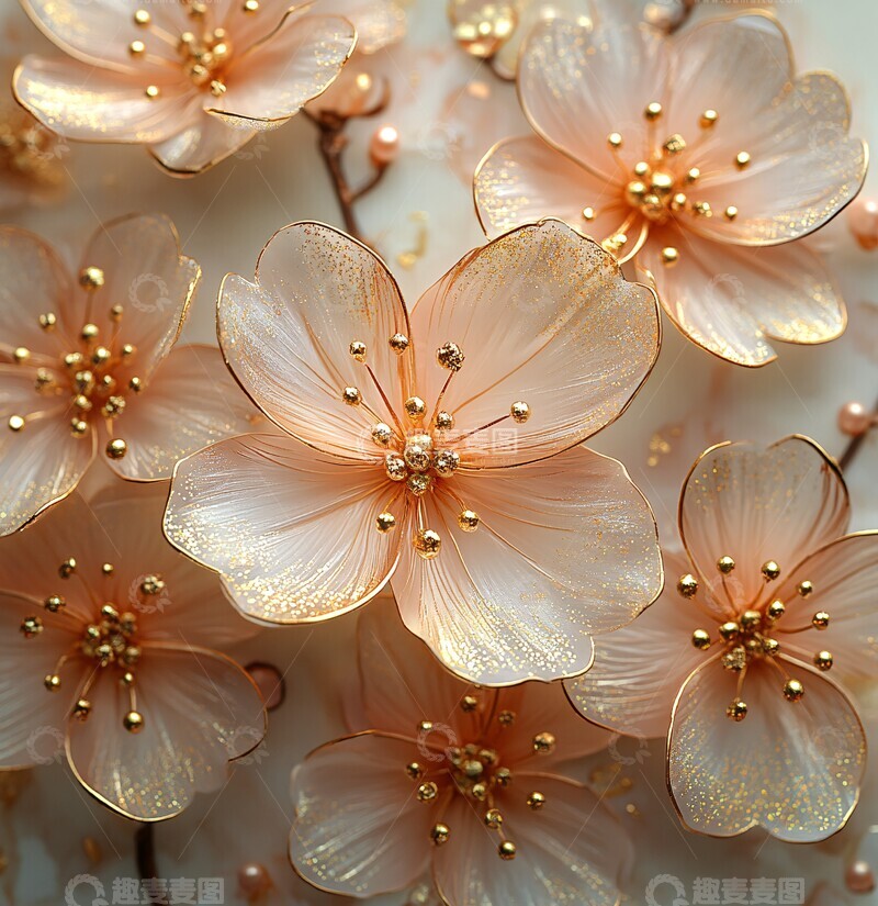 高清大图下载【趣麦麦图】樱花金粉大理石壁画1