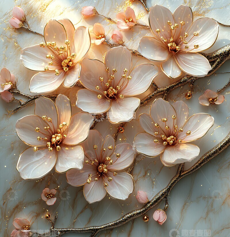 高清大图下载【趣麦麦图】樱花金粉大理石壁画