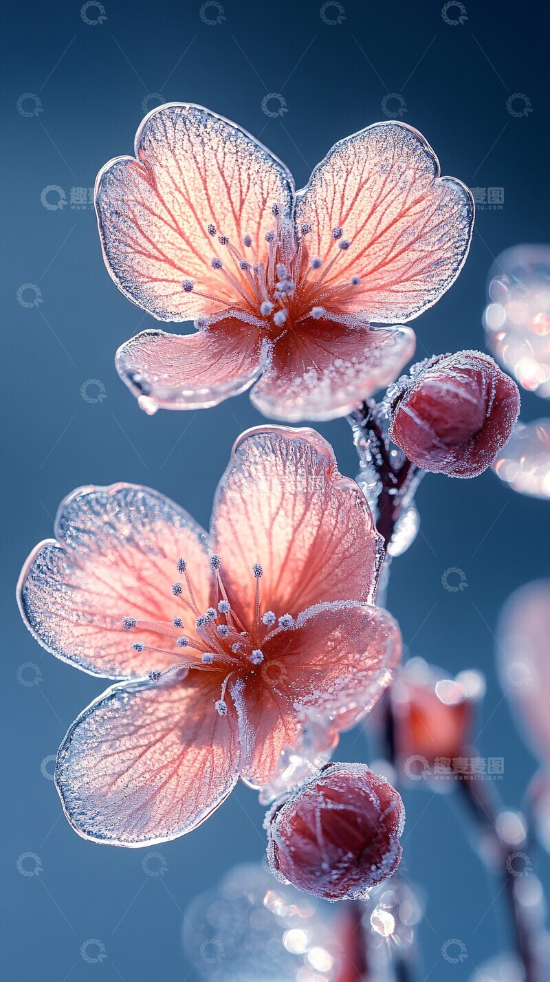 高清大图下载【趣麦麦图】冰冻花水蓝背景1