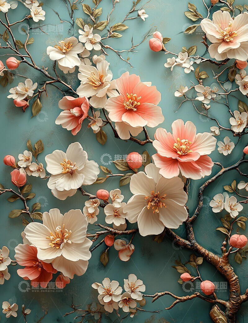 高清大图下载【趣麦麦图】粉色花朵浮雕墙3