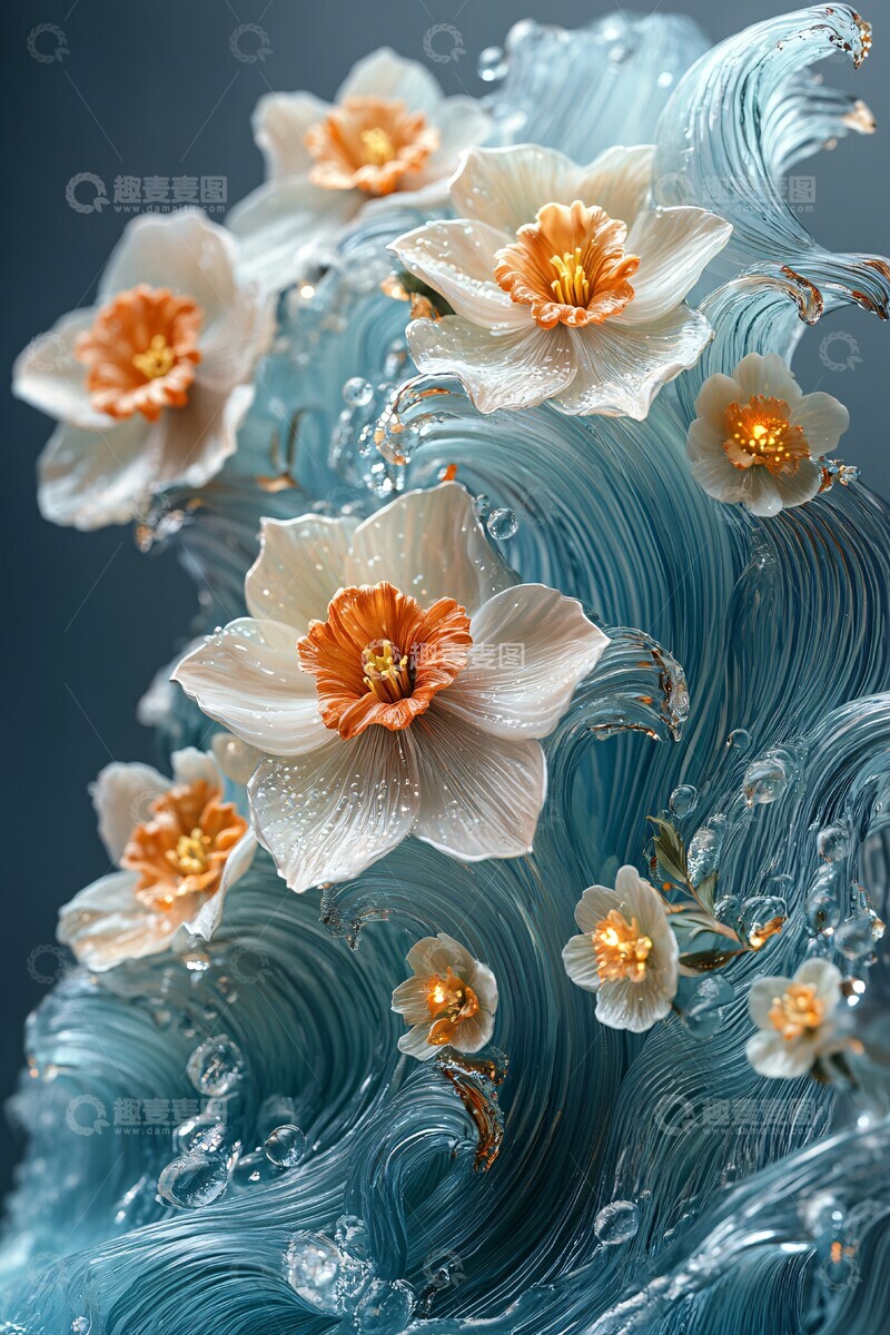 高清大图下载【趣麦麦图】海洋波浪与黄水仙