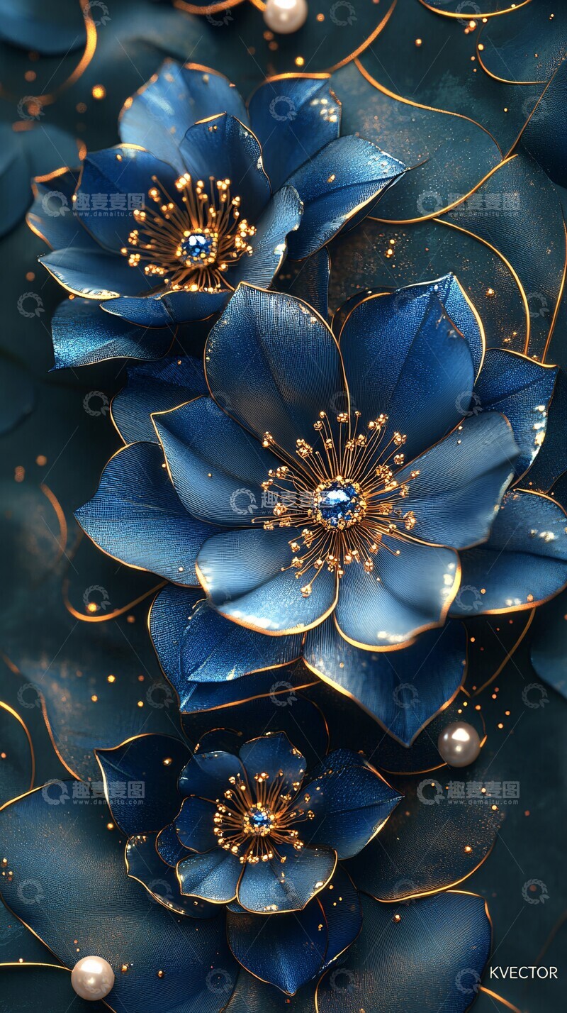 高清大图下载【趣麦麦图】蓝金对称花卉壁纸