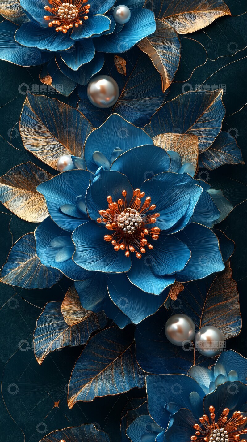 高清大图下载【趣麦麦图】蓝金对称花卉壁纸1