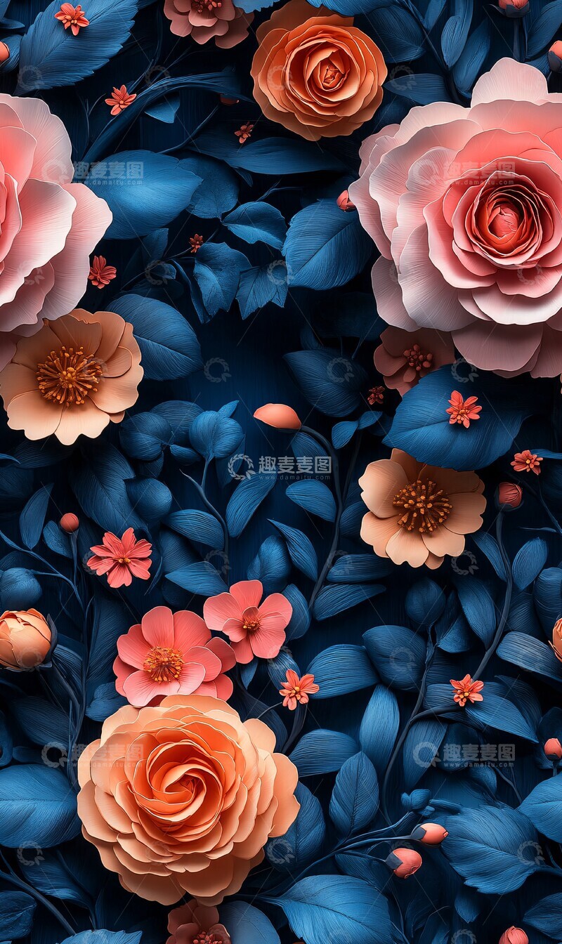 高清大图下载【趣麦麦图】蓝色粉色橙色玫瑰牡丹2