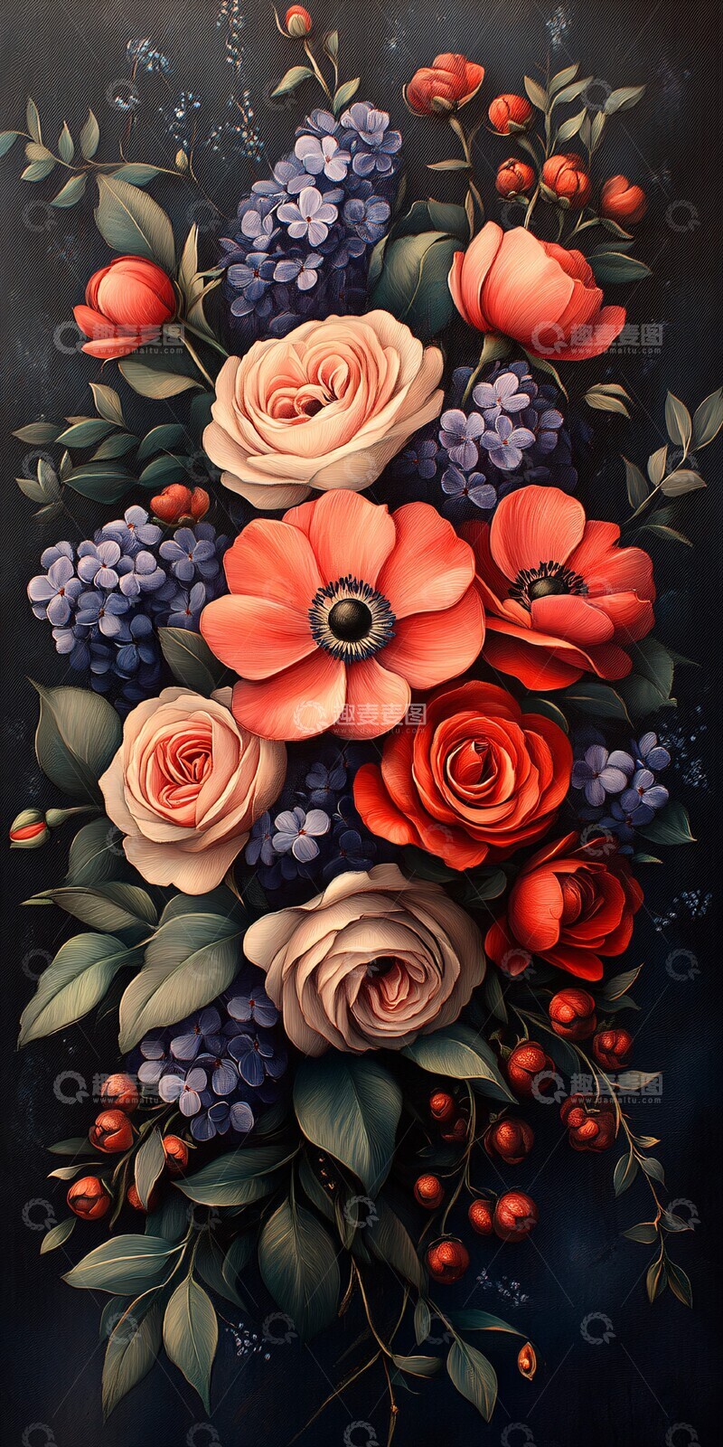 高清大图下载【趣麦麦图】艺术新花束玫瑰薰衣草银莲花