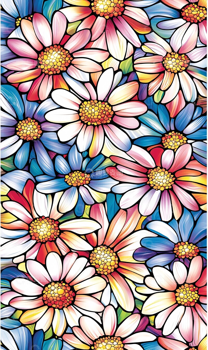 高清大图下载【趣麦麦图】金边多彩雏菊纹样1