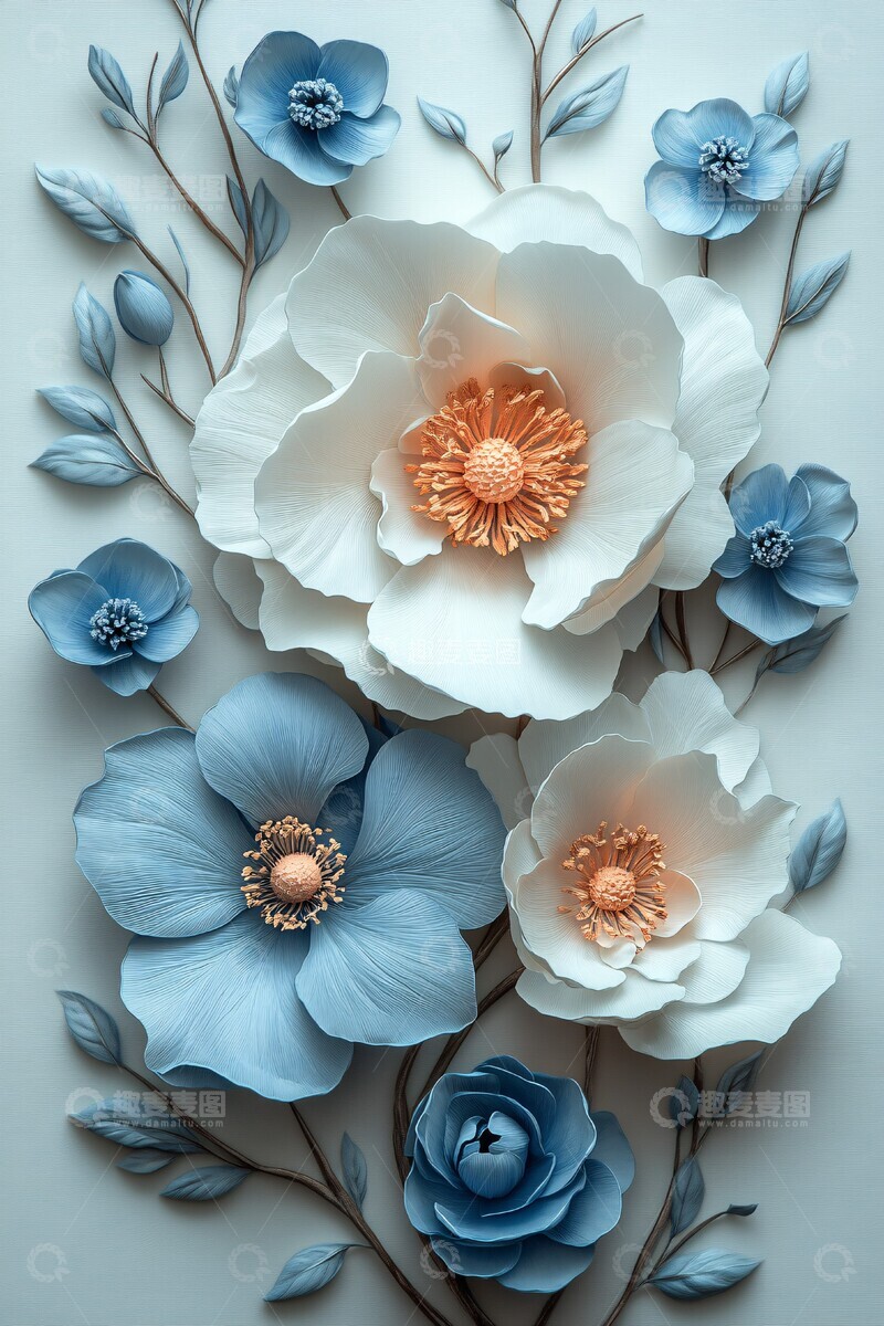 高清大图下载【趣麦麦图】白灰蓝三色花卉画