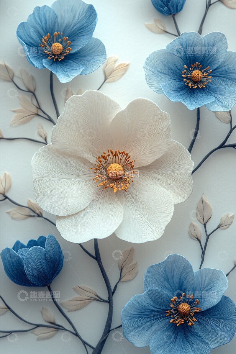高清大图下载【趣麦麦图】白灰蓝三色花卉画2