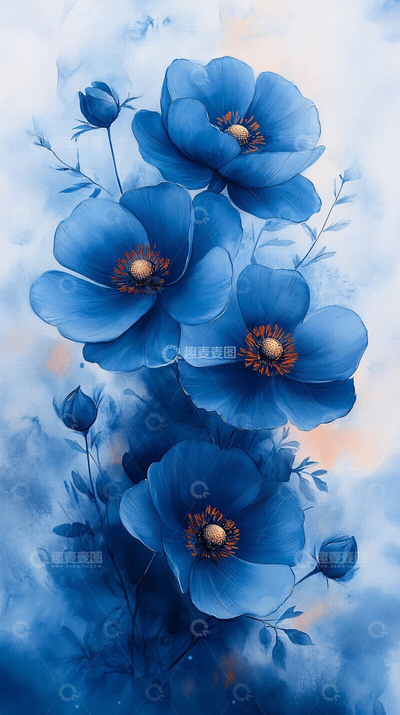高清大图下载【趣麦麦图】浅蓝花朵水彩背景2