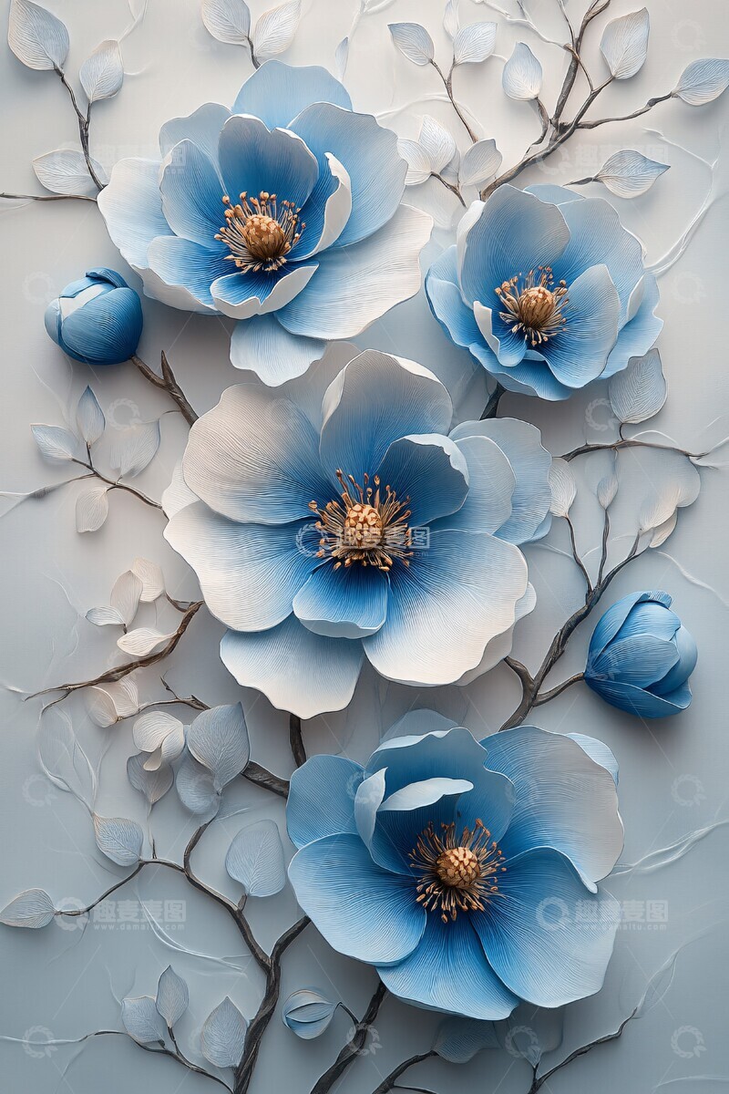 高清大图下载【趣麦麦图】白灰蓝三色花卉画3