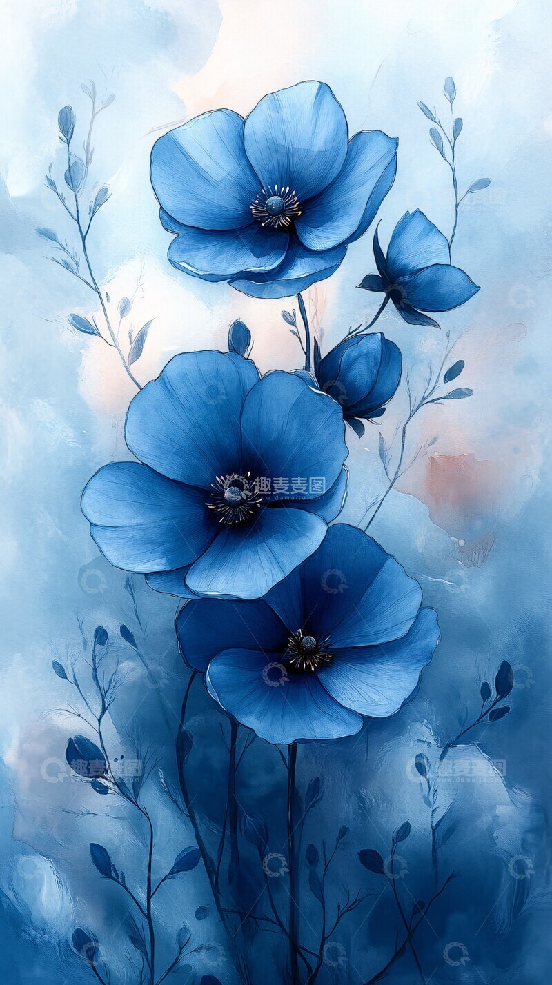 高清大图下载【趣麦麦图】浅蓝花朵水彩背景