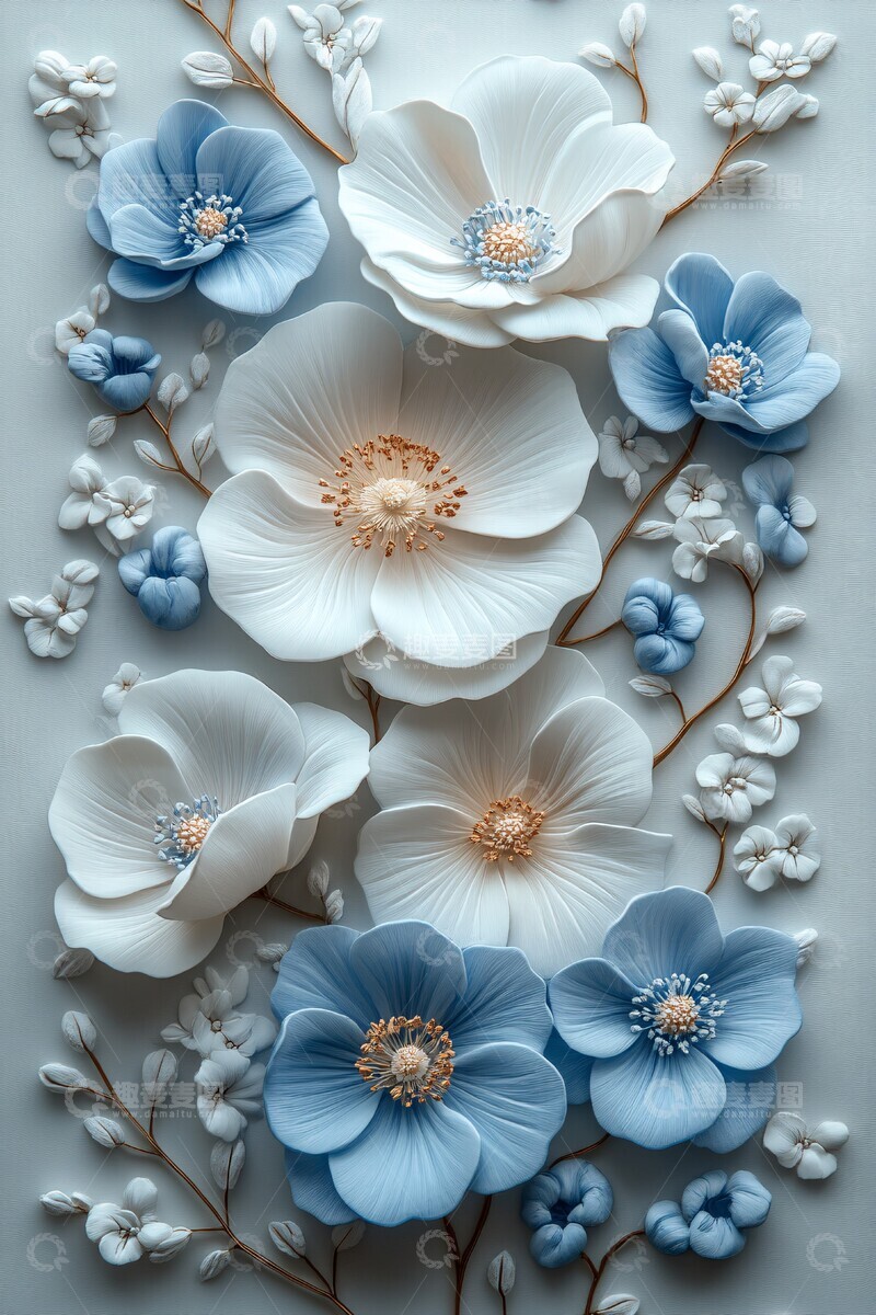 高清大图下载【趣麦麦图】白灰蓝三色花卉画1