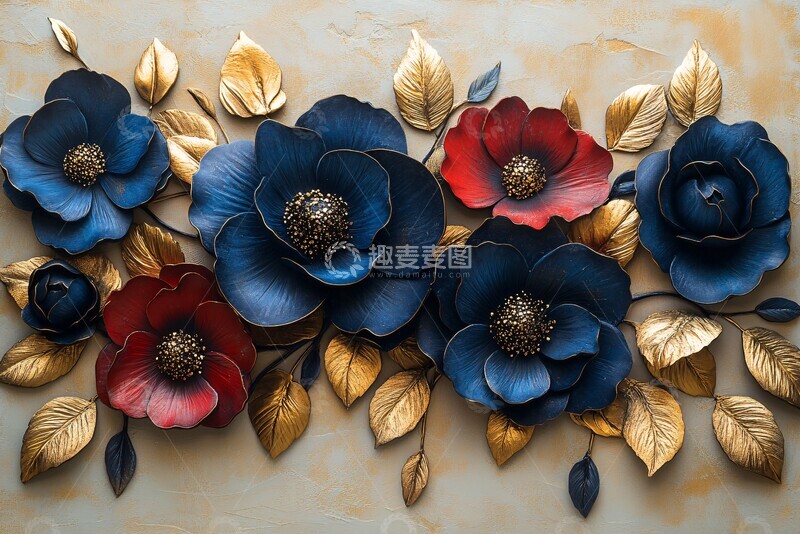 高清大图下载【趣麦麦图】蓝色红花金叶组合1