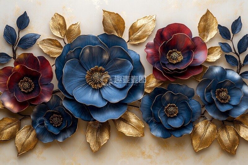 高清大图下载【趣麦麦图】蓝色红花金叶组合2