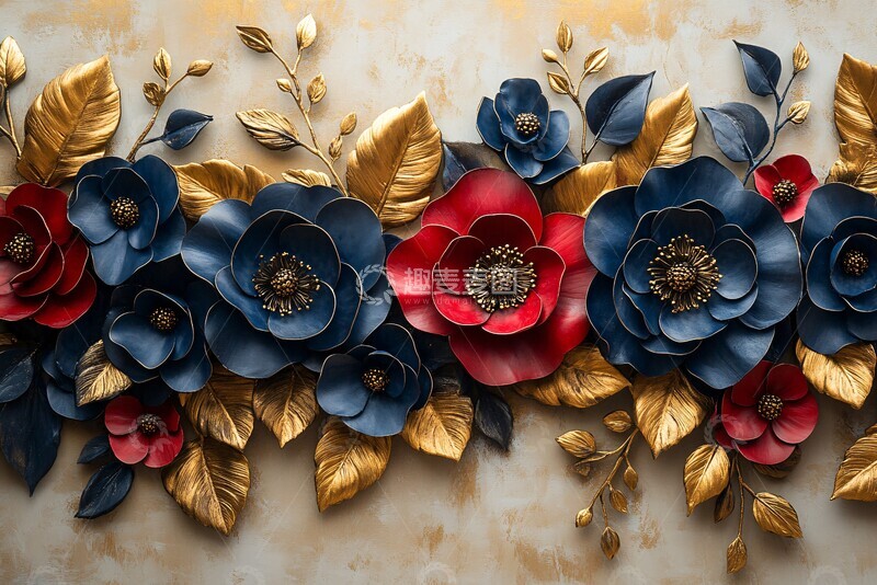 高清大图下载【趣麦麦图】蓝色红花金叶组合