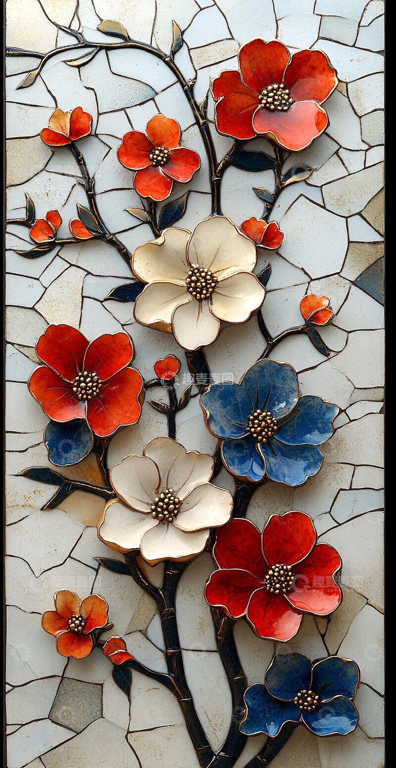高清大图下载【趣麦麦图】花开竹影瓷片纹样3