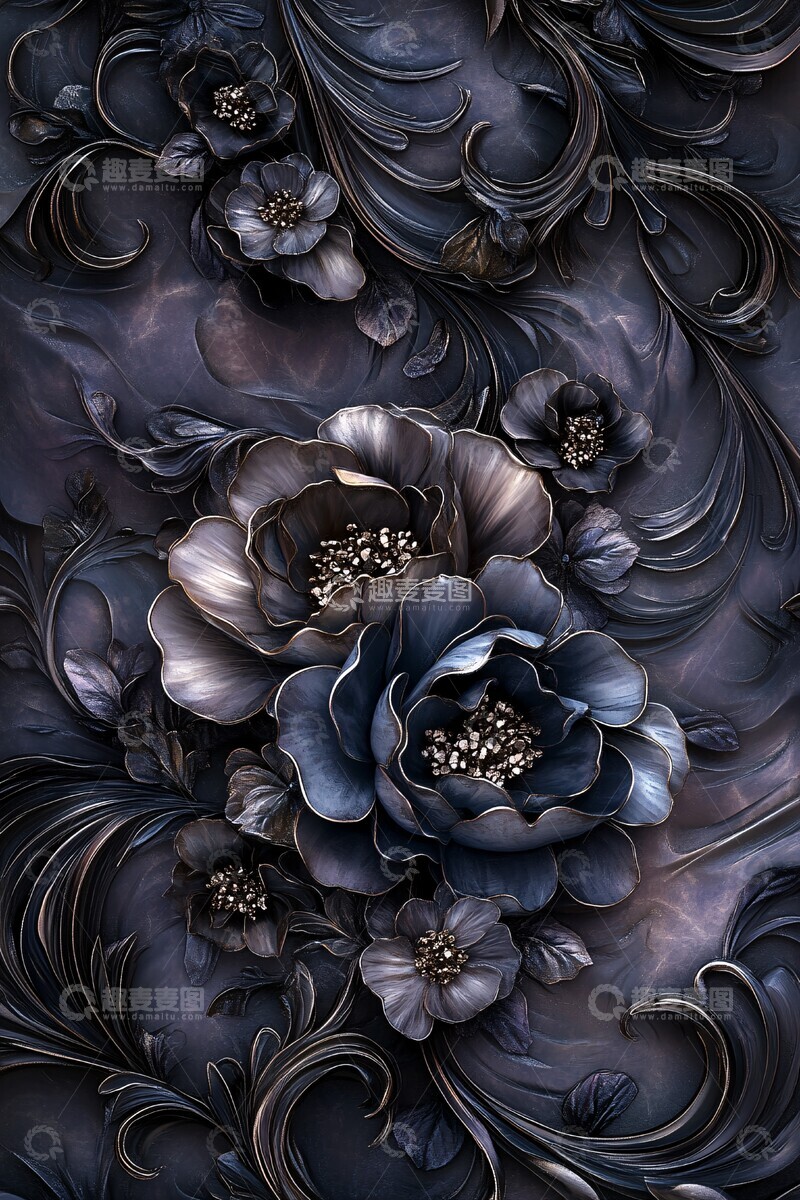 高清大图下载【趣麦麦图】三维银边牡丹纹样1