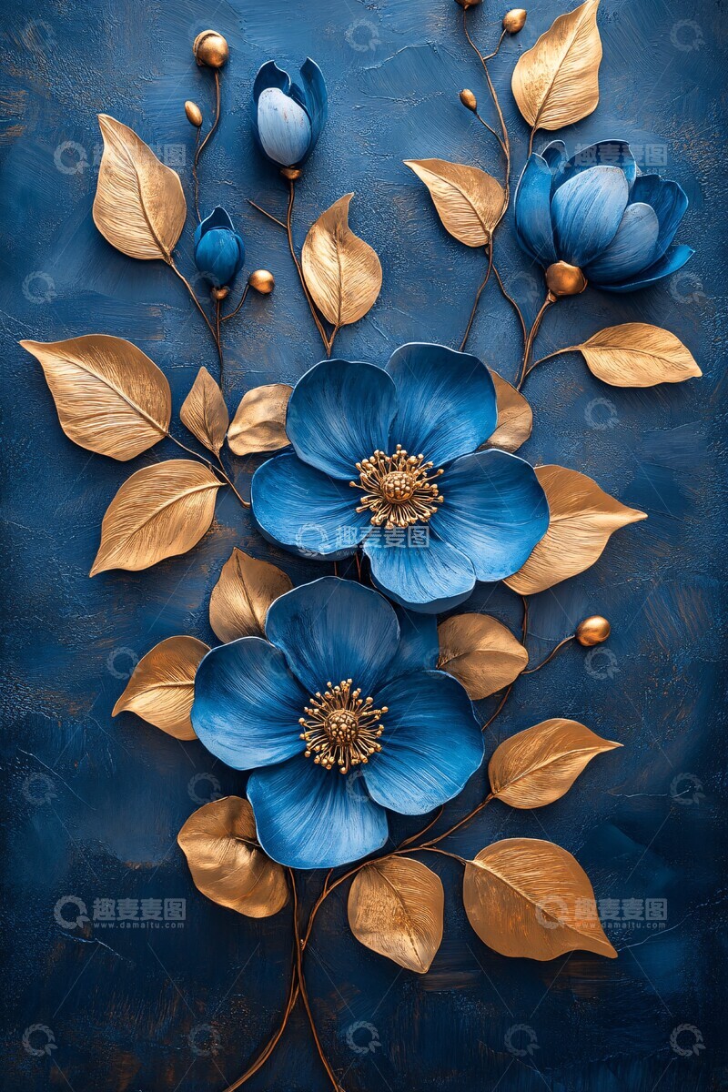 高清大图下载【趣麦麦图】蓝色花朵金色叶3