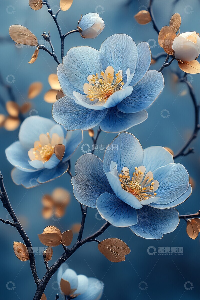 高清大图下载【趣麦麦图】蓝色花朵金色叶1