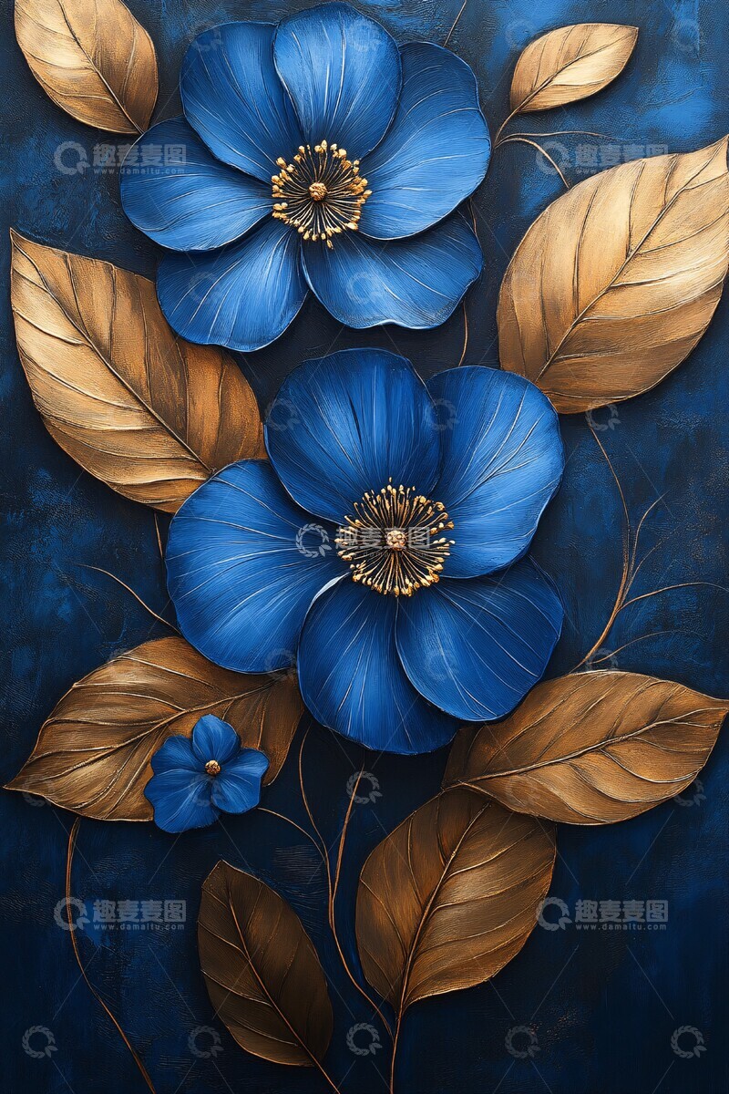高清大图下载【趣麦麦图】蓝色花朵金色叶2