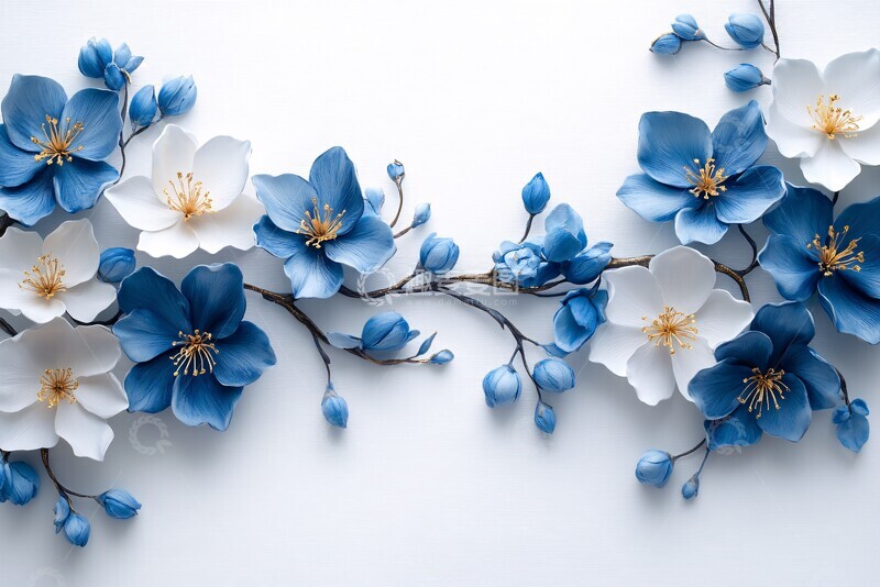 高清大图下载【趣麦麦图】蓝白瓷茉莉金箔装饰2