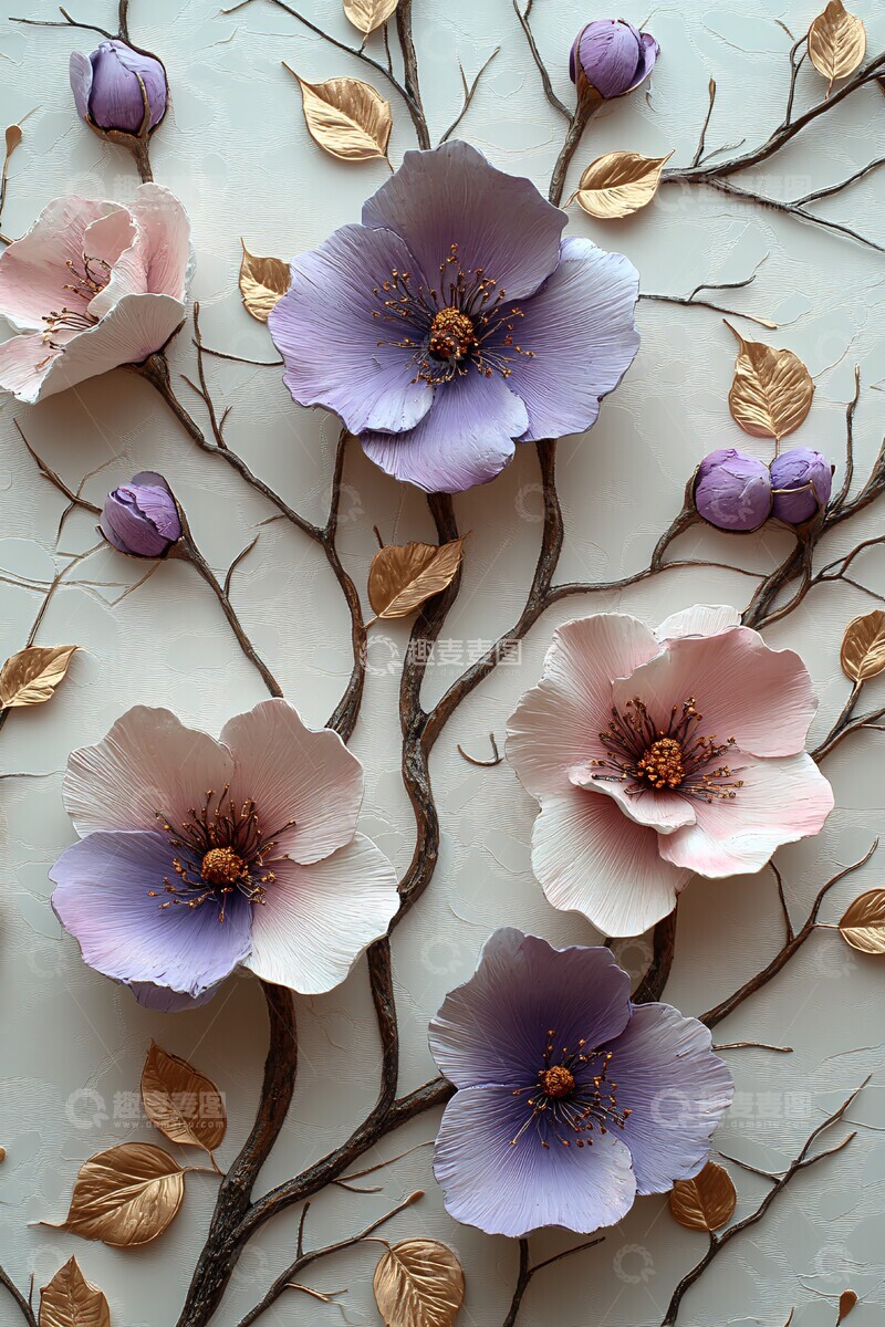 高清大图下载【趣麦麦图】紫色花朵白底金叶1