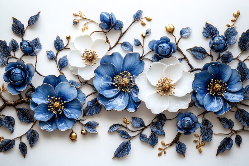 高清大图下载【趣麦麦图】蓝白瓷茉莉金箔装饰