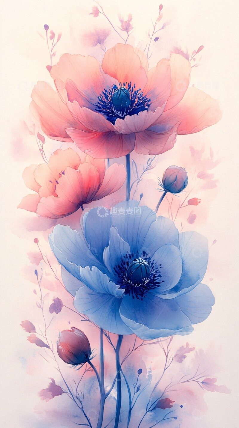 高清大图下载【趣麦麦图】粉色蓝色牡丹花1