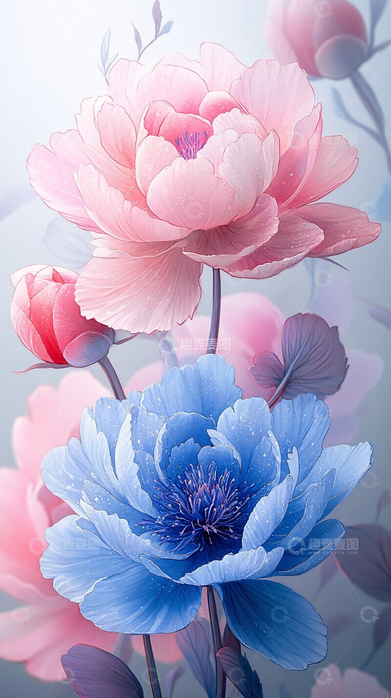 高清大图下载【趣麦麦图】粉色蓝色牡丹花