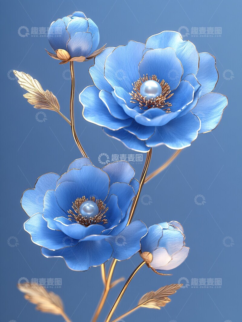 高清大图下载【趣麦麦图】蓝色牡丹珠宝装饰1