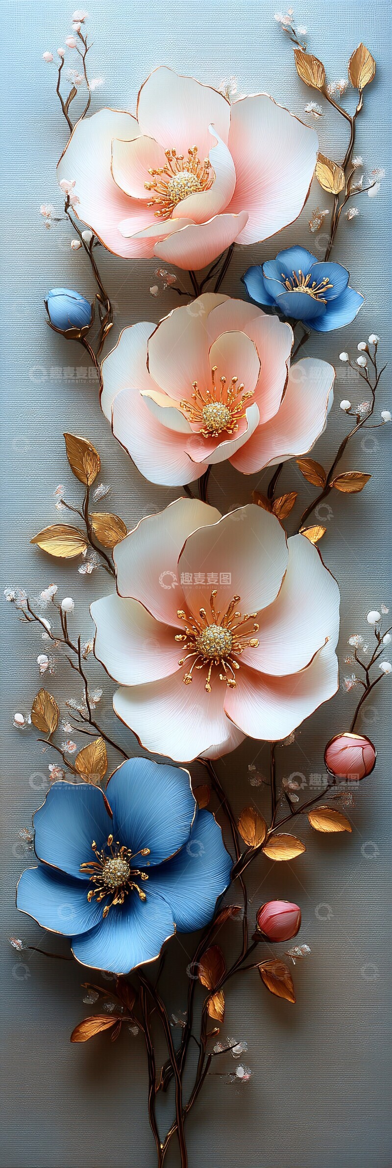 高清大图下载【趣麦麦图】粉色蓝色花朵油画2