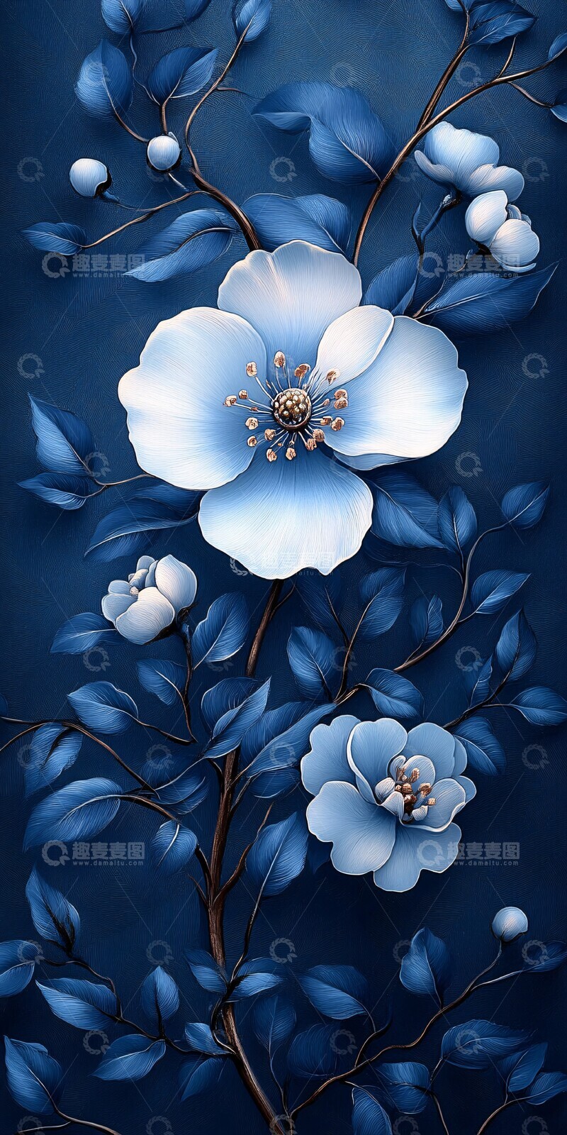 高清大图下载【趣麦麦图】蓝白花卉叶纹