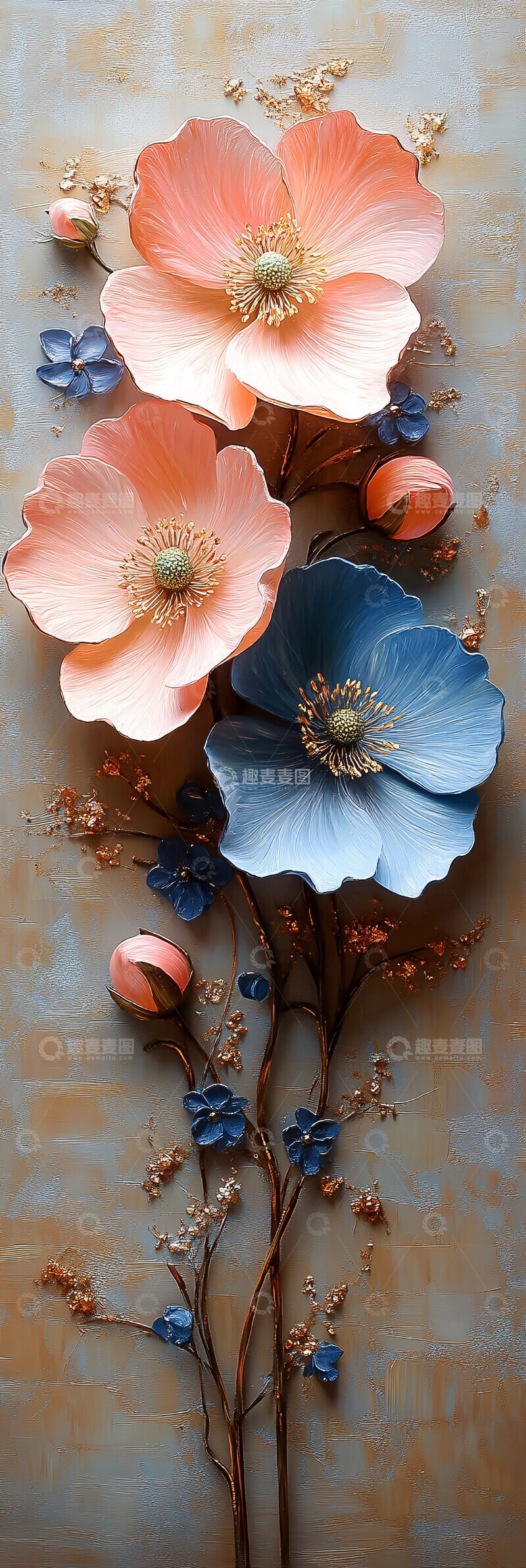 高清大图下载【趣麦麦图】粉色蓝色花朵油画