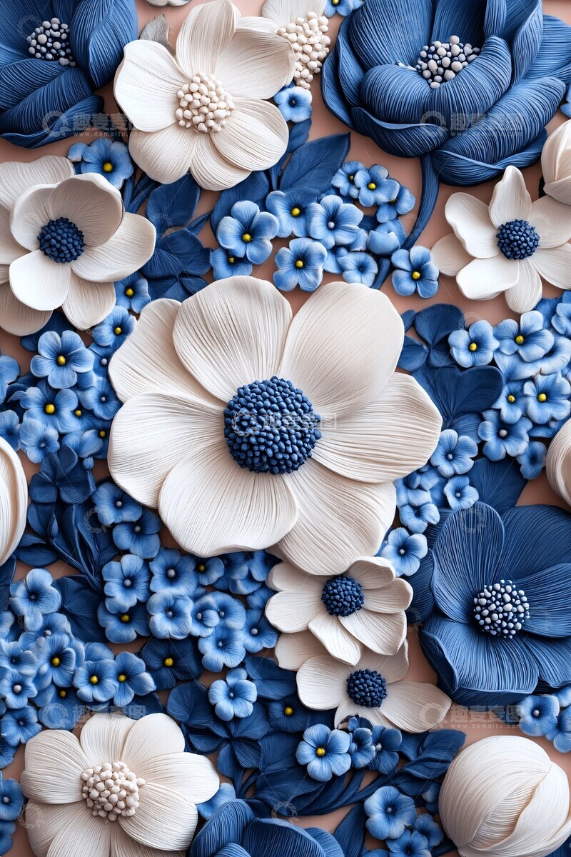 高清大图下载【趣麦麦图】蓝色勿忘我白色木兰花纹