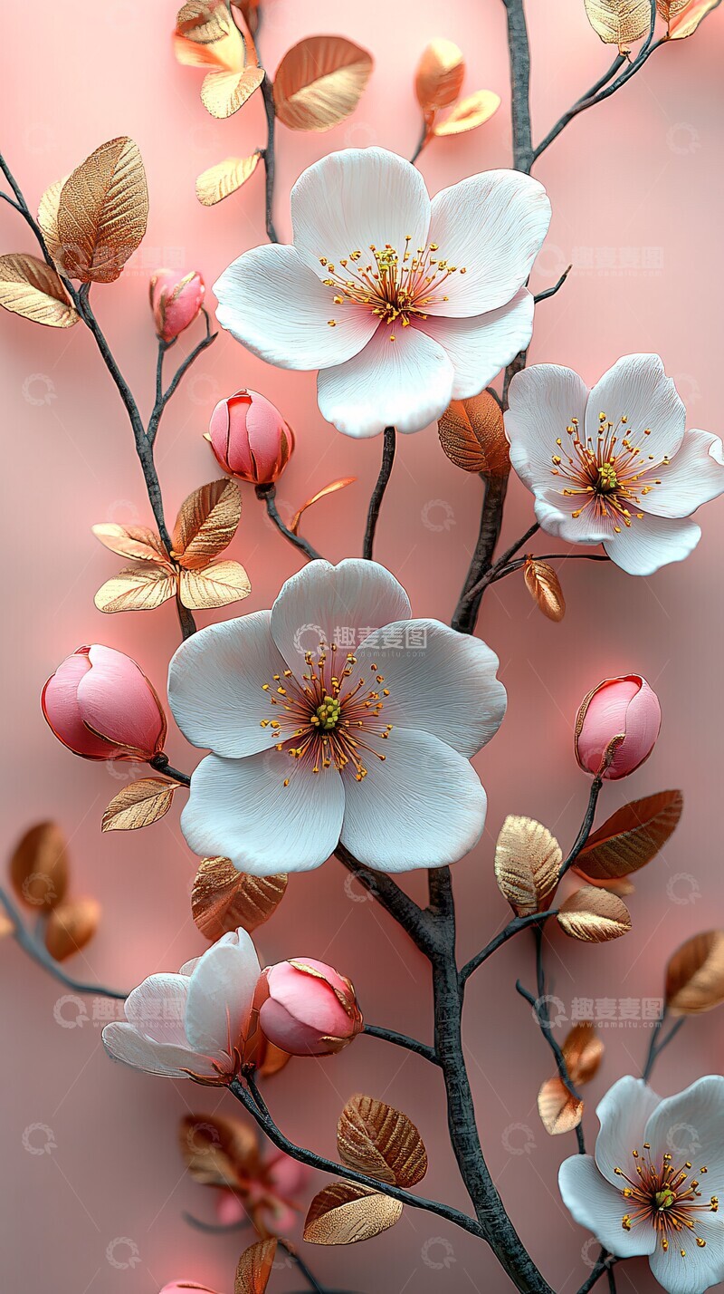 高清大图下载【趣麦麦图】樱花金色枝叶壁画1