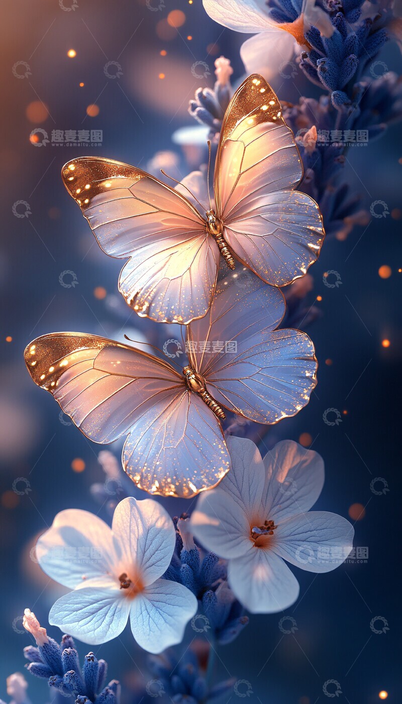 高清大图下载【趣麦麦图】金蝶白紫花墙纸1