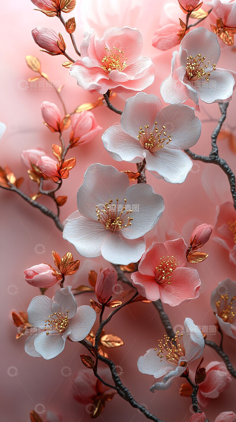 高清大图下载【趣麦麦图】樱花金色枝叶壁画2