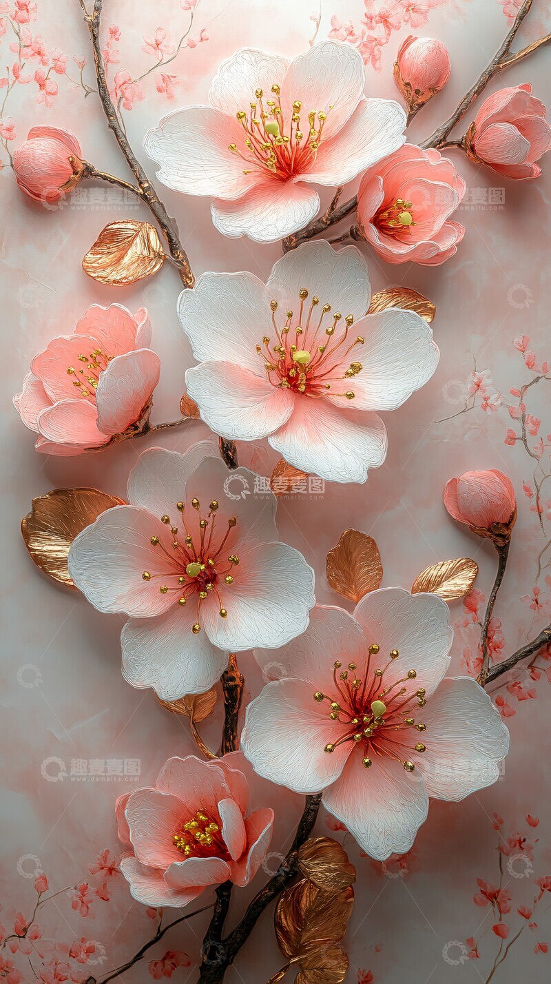 高清大图下载【趣麦麦图】樱花金色枝叶壁画