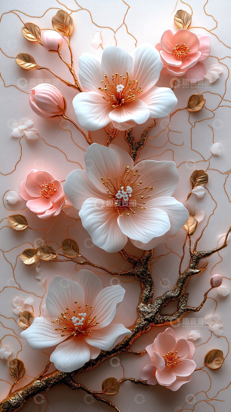 高清大图下载【趣麦麦图】樱花金色枝叶壁画3